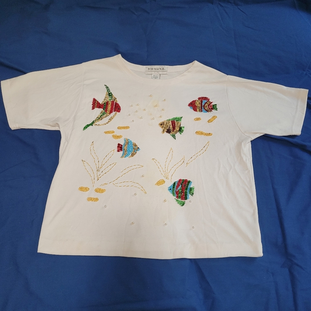 Bob Mackie Women's Top Sz L Beaded Fish Under The Sea Design